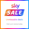 White box with multicoloured block text stating 'Unmissable deals at Sky'